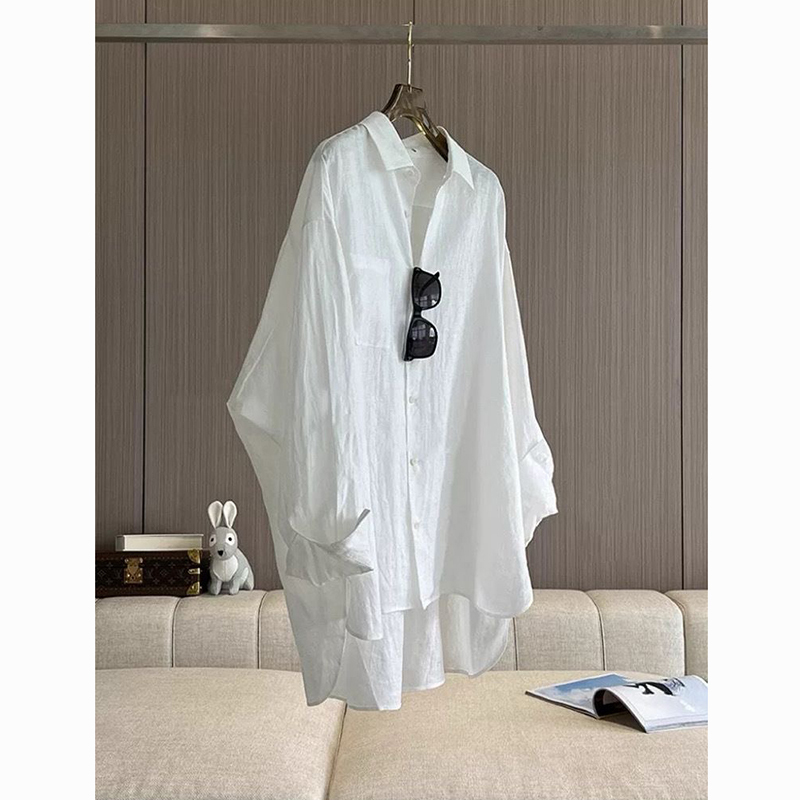 Skin-Friendly! White Semi-Sheer Sun-Protective Long-Sleeve Shirt for Women, Summer Loose and Lazy Style, Thin Casual Top Jacket Skin-Friendly! White Semi-Sheer Sun-Protective Long-Sleeve Shirt for Women, Summer Loose and Lazy Style, Thin Casual Top Jacket