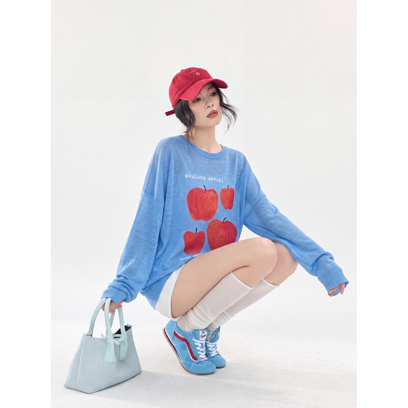 Blue Apple Print Long Sleeve Knitted T-Shirt for Women, Loose Korean Style Dopamine Lightweight Cover-Up Top