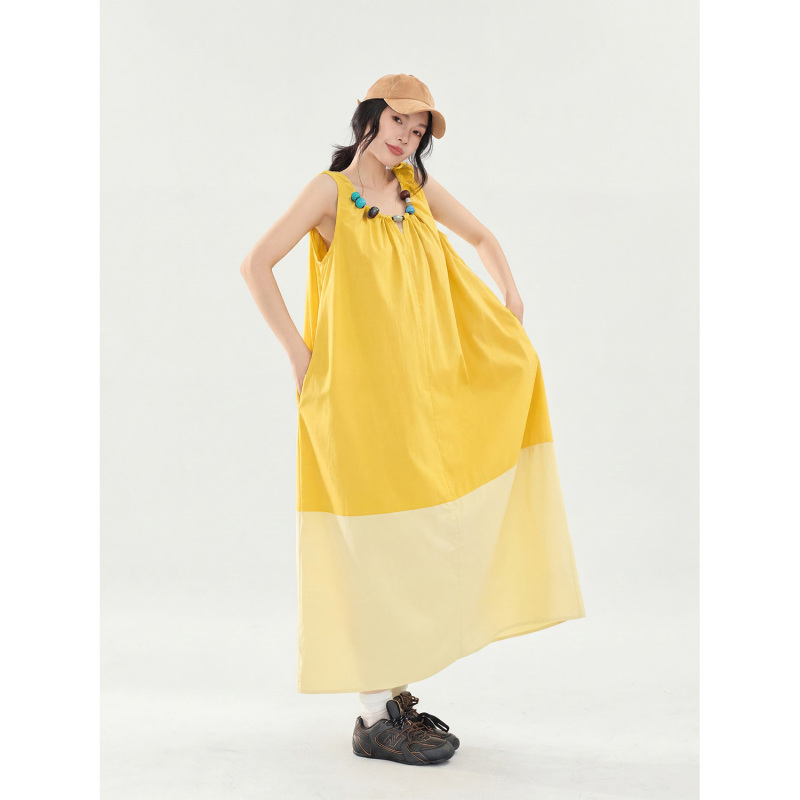 Vacation Style Contrasting Color Patchwork U-Neck Beaded Vest Dress for Women, Loose and Lazy Style, Mid-Length Yellow Flared Skirt