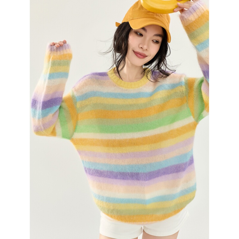 Dopamine Rainbow Striped Round Neck Knit Sweater for Women, Thin, Loose, Lazy, Fluffy, Soft Sweater
