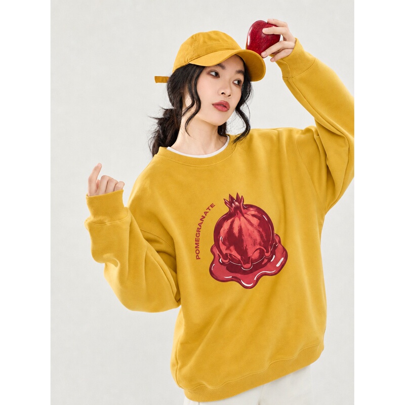 Dopamine Color-Block Red Pomegranate Crewneck Sweatshirt for Women, Loose Korean-Style Relaxed Casual Hoodless Top