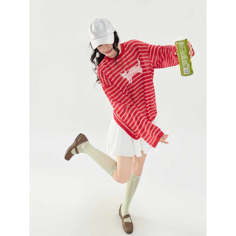 Red Striped Kitten Long-Sleeve Knit T-Shirt for Women, Unique Design, Loose and Lightweight Cover-Up Top