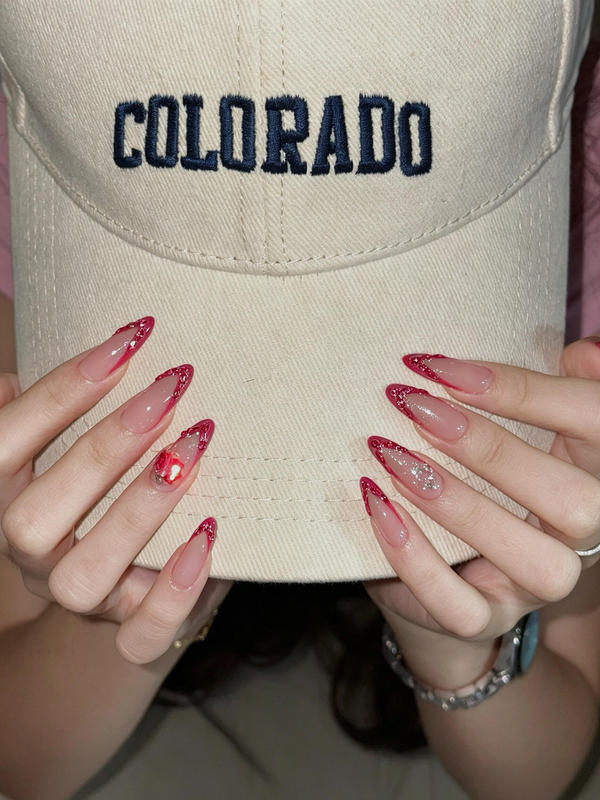 Miusi Nail/ Anjili - New Style Elegant and Alluring French Red Rhinestone-Studded Nails That Enhance Complexion
