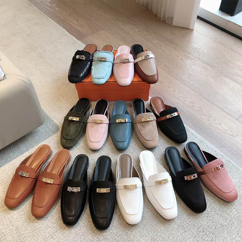 Lao Li's High-End Women's Shoes~2026 New Retro Buckle Closed-Toe Half-Slippers for Women, Genuine Leather Mule Slippers for Outdoor Wear