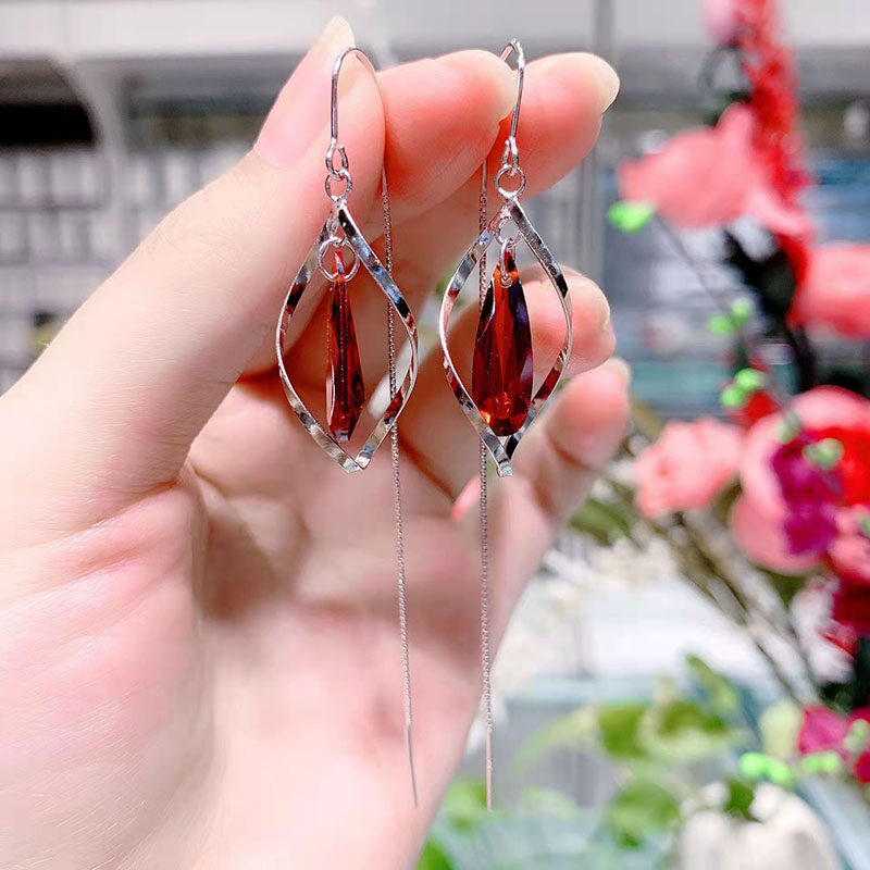 Pure silver ruby earrings minimalist wavy water drop anti-lose ear necklace female long version of the stream Soar Ear Ornament Tide