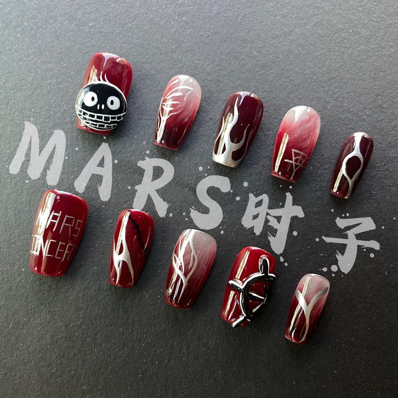 [Original Design] Light Cyberpunk Cool Style Mars Nail Art with 3D Shapes, Handmade