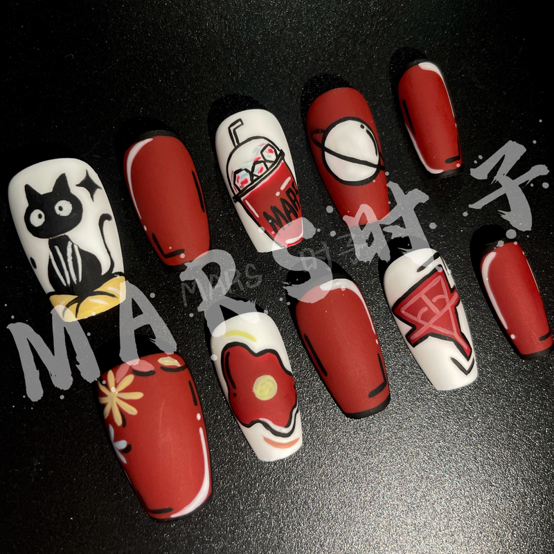 [Original Design] Two-Dimensional Graffiti Hand-Painted Mars Manicure Short Ladder Style Handmade Wearable Nails