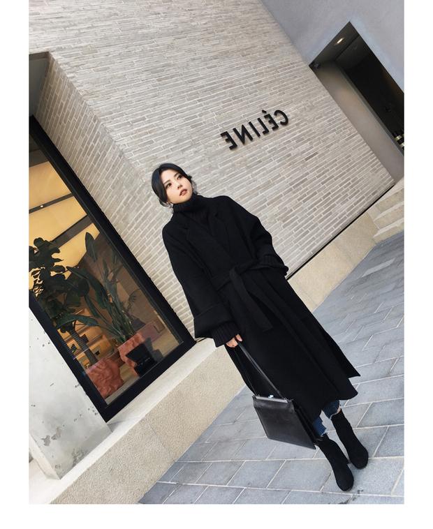 Áo khoác len màu đen nữ mùa đông dài trên đầu gối quai bóng hình đôi áo len cashmere làm bằng tay áo bò nữ đẹp