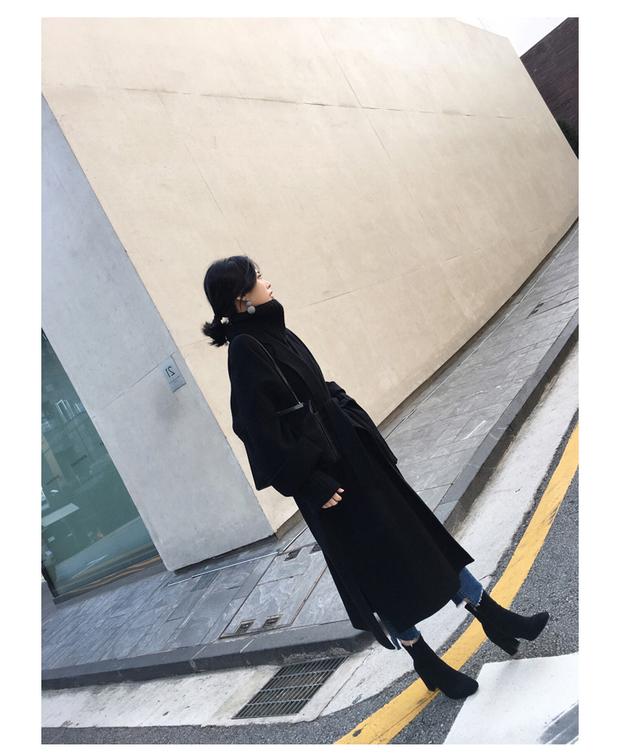 Áo khoác len màu đen nữ mùa đông dài trên đầu gối quai bóng hình đôi áo len cashmere làm bằng tay áo bò nữ đẹp