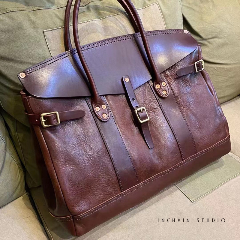 Player Grade Day Ensemble Handmade Big Bag Handmade Tannic Head Layer Calf Leather Male hand carrying single shoulder inclined cross leather bag-Taobao