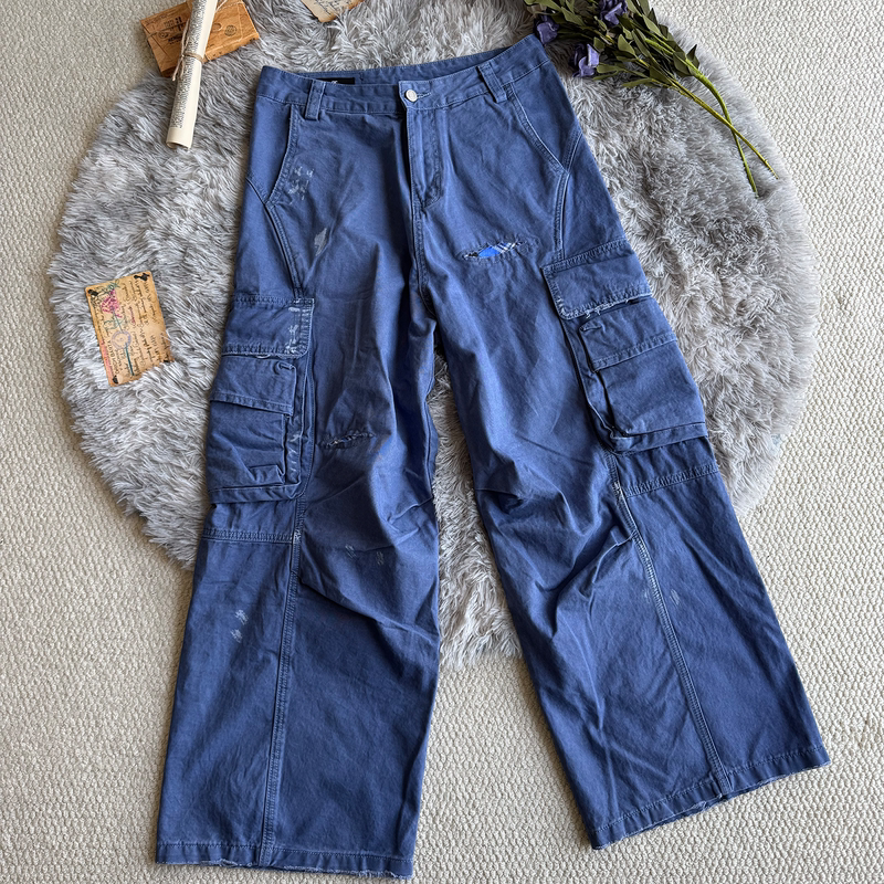 Oasescrew French Workwear Blue Washed Vintage Distressed Plaid Patch Cargo Work Pants with Splatter Design Heavy-Duty Casual Pants