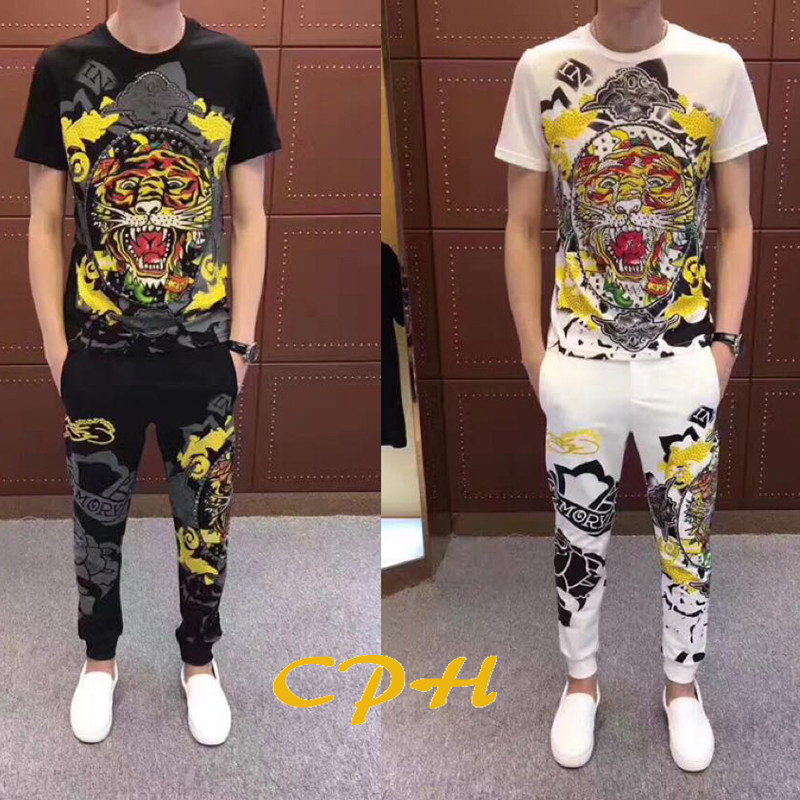欧美街头潮牌老虎头烫钻短袖精神小伙T恤社会套装男休闲裤两件套