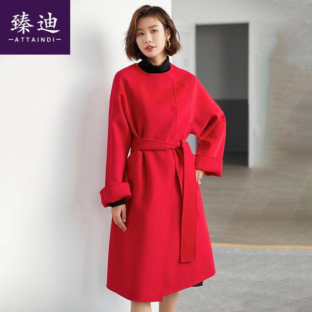 Temperament scarf collar bathrobe style 2023 autumn and winter two-sided waisted woolen coat thickened pure wool long coat for women