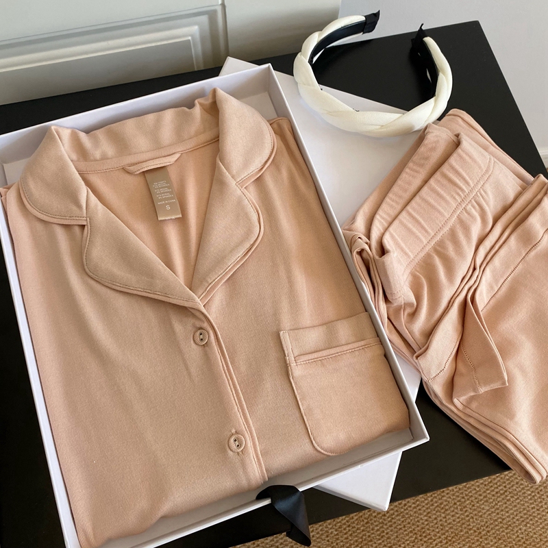 Big Brand Kardashian 60-Count Threaded Modal Cotton Simple Spring and Autumn Long-Sleeved Pajamas, Slimming and Elegant Loungewear