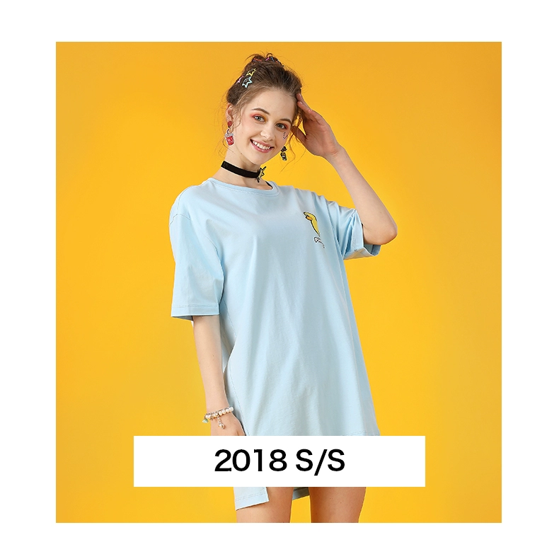 PANCOAT thương hiệu thời trang ánh sáng màu xanh vịt màu vàng in dress dài ngắn tay T-Shirt PCATE18223