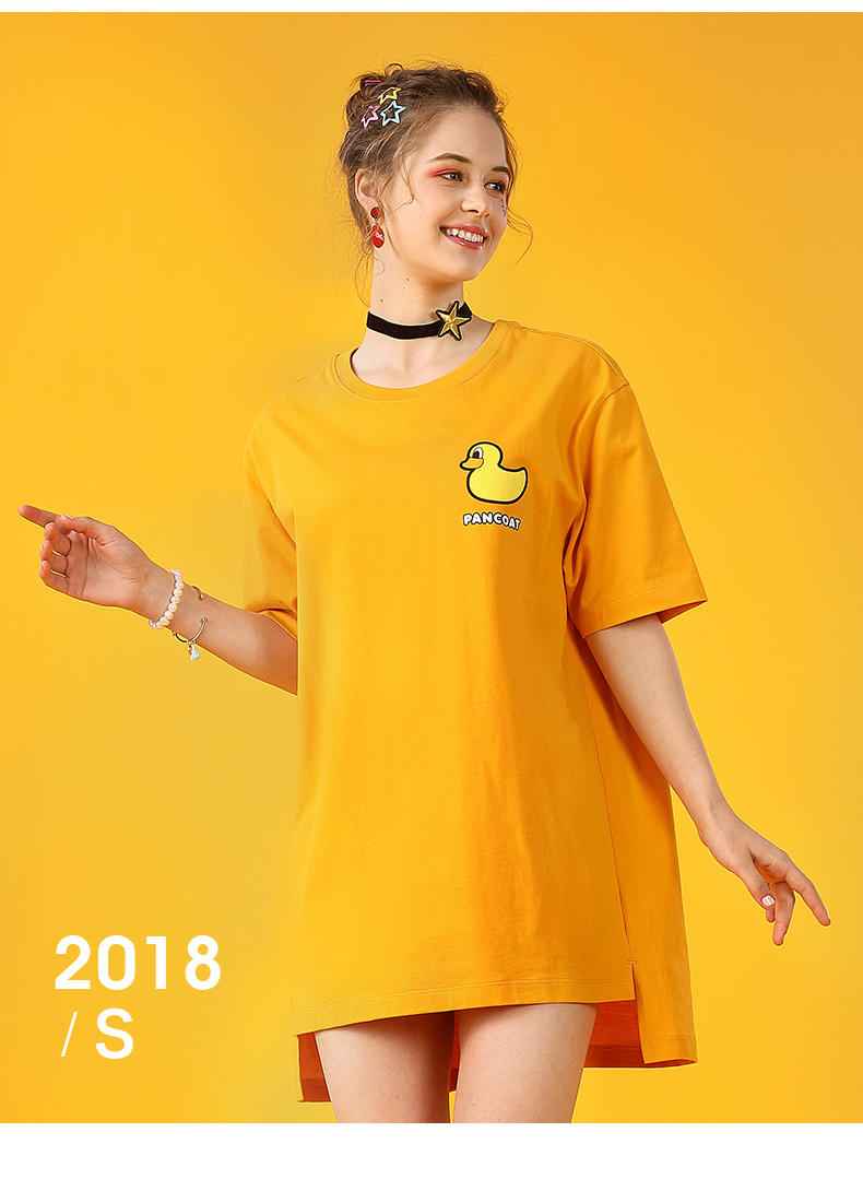 PANCOAT thương hiệu thời trang ánh sáng màu xanh vịt màu vàng in dress dài ngắn tay T-Shirt PCATE18223