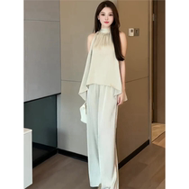 Ocnltiy silky pleated halterneck two-piece summer high-waisted loose wide-leg trousers temperament suit for women
