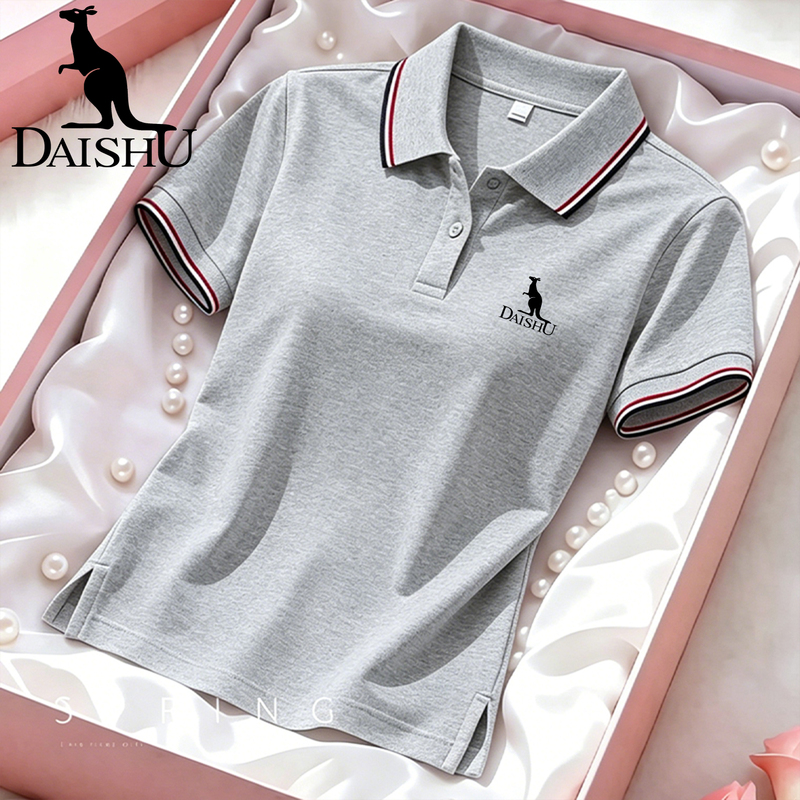 Kangaroo Pure Cotton Short-Sleeved T-Shirt for Women 2026 New Summer Style for Middle-Aged Moms, Gray Polo Collar Top
