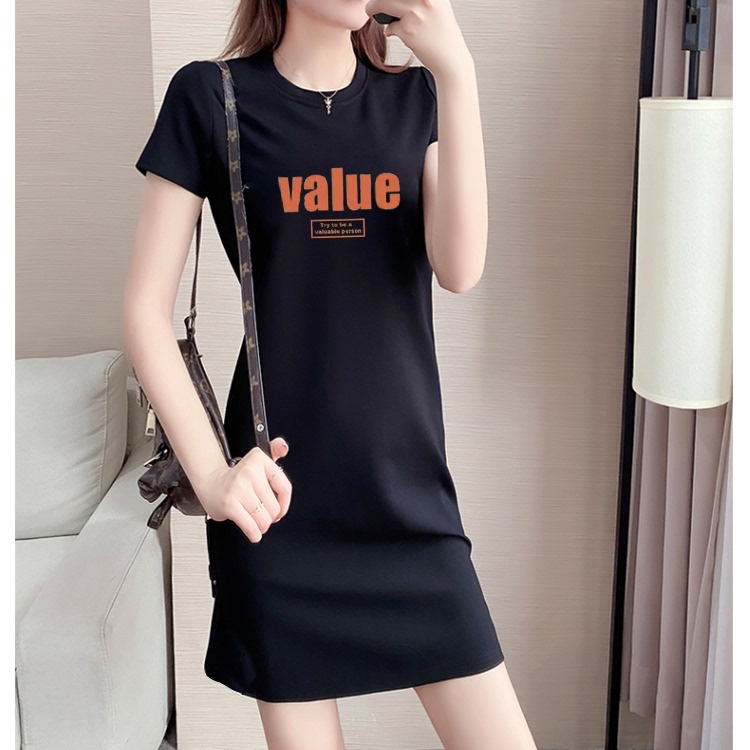 Summer New Style Letter Print Short-Sleeve Women's Dress, Casual Slimming Tummy-Covering Mid-Length Straight Base Shirt Dress with a Stylish Look