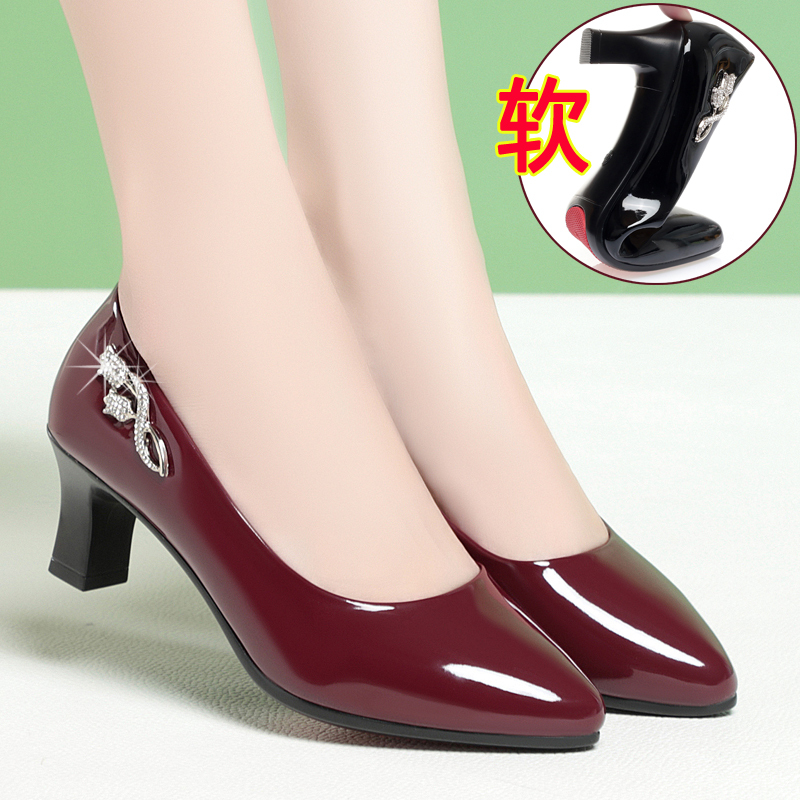 Spring New Genuine Leather Shoes, Patent Leather Burgundy, Leap Month Mother's Shoes, Shallow Mouth, Comfortable Soft Sole, Mid-Heel Women's Leather Shoes