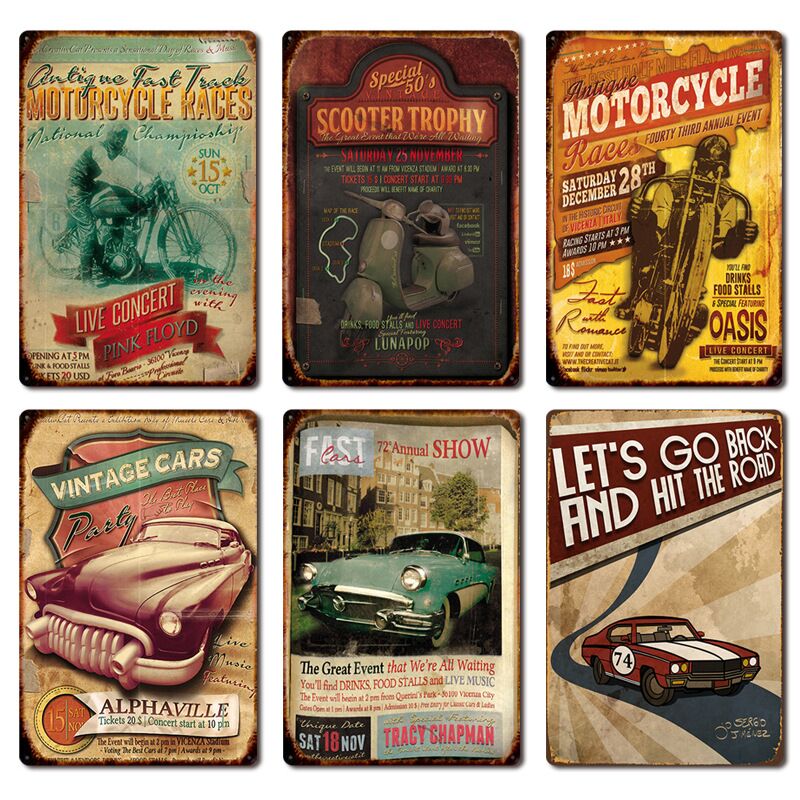 New retro car iron skin painting Cafe Bar Background wall decoration picture locomotive frame-free hanging drawing