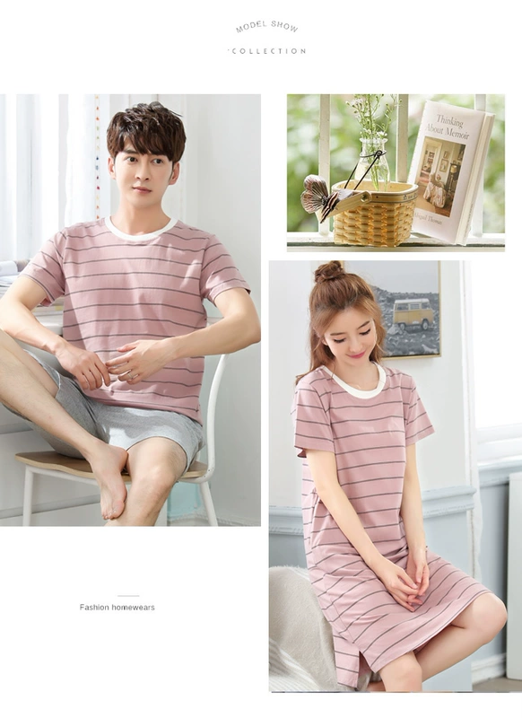 Cặp đôi đồ ngủ nữ mùa hè cotton ngắn tay áo ngủ nữ mùa hè dễ thương ngọt ngào phiên bản Hàn Quốc của bộ đồ cotton nam phù hợp với dịch vụ gia đình