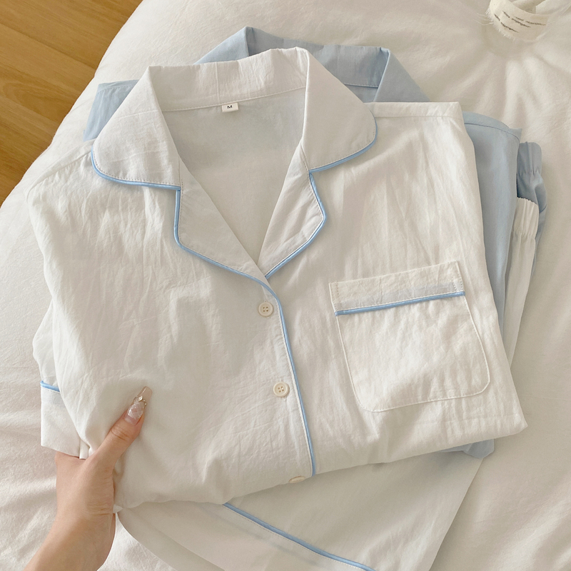 Mint Sea Salt | Pure Cotton Pajamas for Women, Summer Short-Sleeved, Korean Style, ins Feng Shui Washed Cotton, Blue and White Loungewear. Mint Sea Salt | Pure Cotton Pajamas for Women, Summer Short-Sleeved, Korean Style, ins Feng Shui Washed Cotton, Blue and White Loungewear.