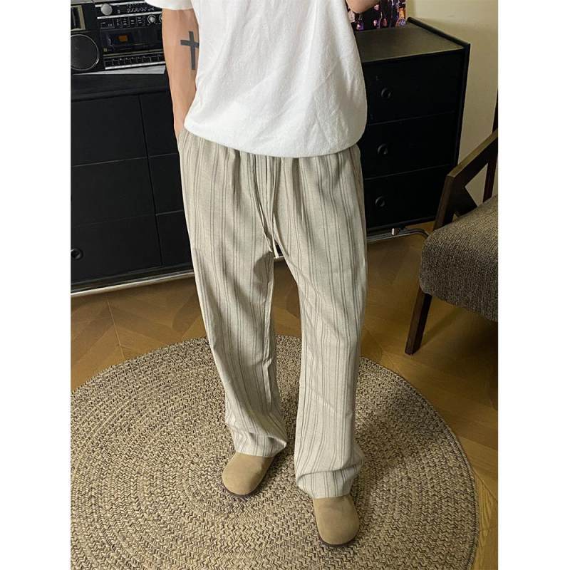 Chements Spring and Summer Light Luxury Striped Linen-Like Men's Trousers, Loose Straight-Leg Old Money Style Versatile Casual Long Pants, Slimming and Trendy