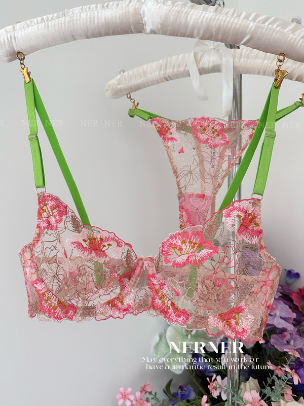 Nerner Flower Dream* Heavy Floral Embroidery Lace Sexy Bra Pure Desire Push-Up Thin Lingerie Set