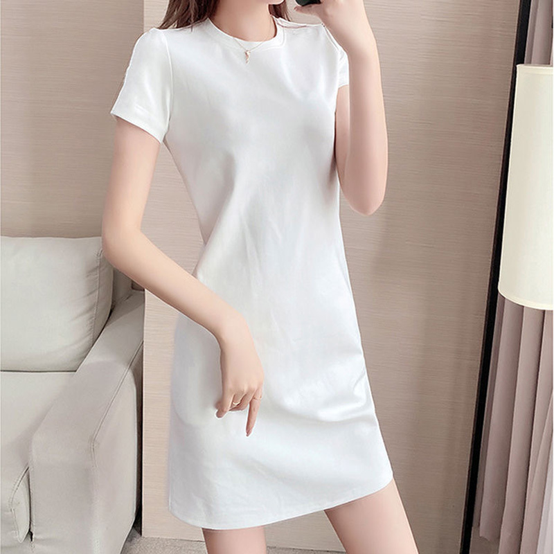 Pure Cotton Mid-Length T-Shirt for Women, Summer White Solid Color Korean Style Short-Sleeve Slim-Fit Camisole Dress Inner Layer Base Shirt