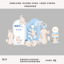 Blue White Fresh Cute Rabbit Baby Full Moon Hundreds Of Days 100 Days Rabbit Baby Birthday Arrangement Material