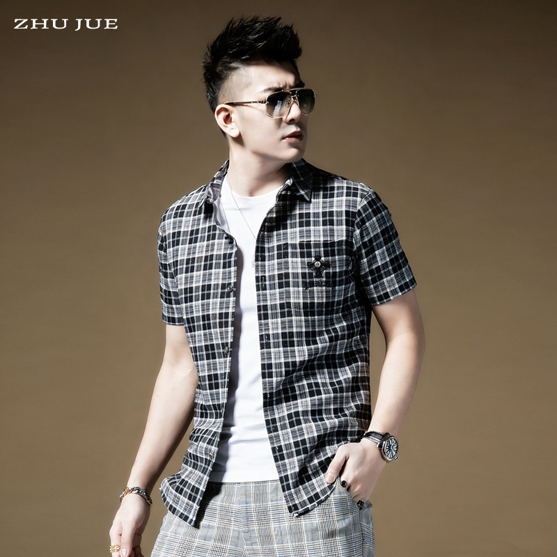 European Style Classic Plaid High-End Shirt for Men, Short-Sleeved, Slim Fit, Thin Summer Trendy Men's Embroidered Casual Shirt