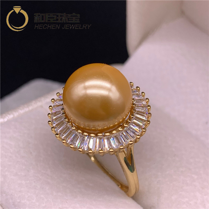 South Sea Gold Pearl Natural Seawater Pearl Ring 925 Sterling Silver Gold Pearl Ring Perfect Round Flawless Strong Light Thick Gold