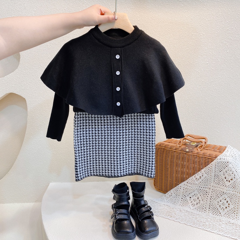 Next Insschildren Dress 2021 Spring Dress New Pint Girl Eurovan's Cape Hood-style needling-shirt-coated dress suit