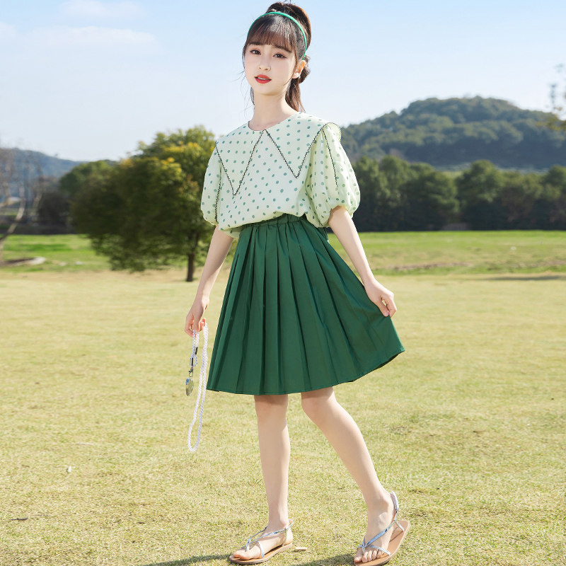 Next Inss Girl Short Sleeve Suit Dress 2022 Summer Dress New CUHK Youngster Han Edition Children Thin two-piece set