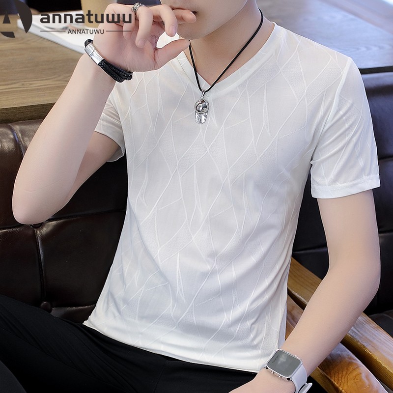 Short-sleeved t-shirt men's ice silk 2020 new Korean version of the slim V-neck T-shirt men's half-sleeved thin quick-drying top men's summer