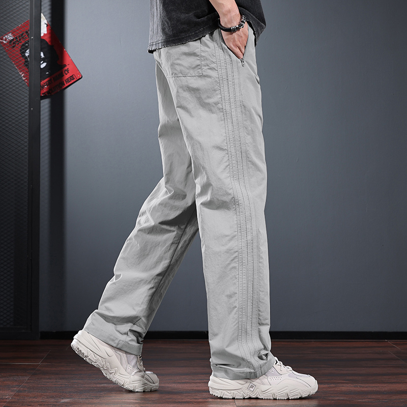 High-End Nylon Quick-Drying Pants for Men, Loose Straight-Leg Casual Pants, Summer Thin Light Gray Hiking Sports Long Pants, Trendy