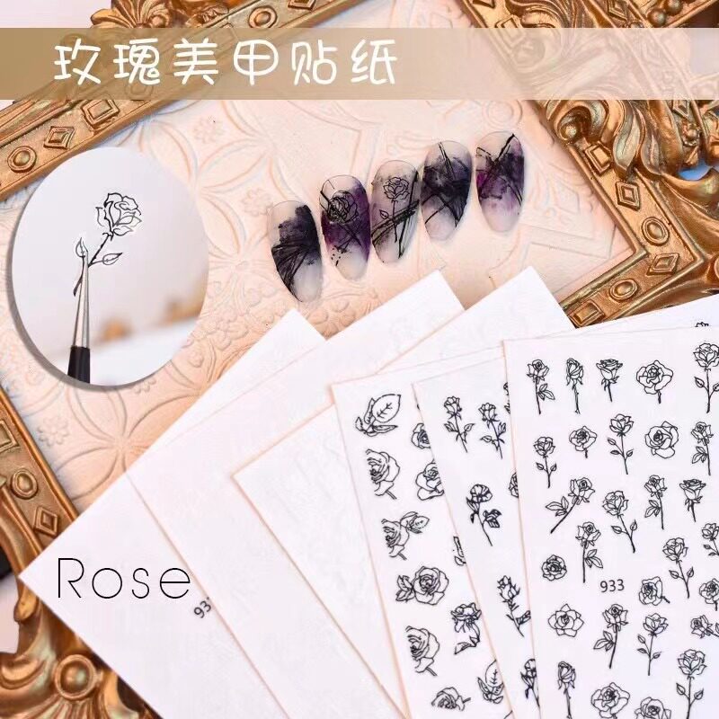 Nail art rose stickers hollow stickers nail stickers English letter decorations embossed stickers dark black ins style