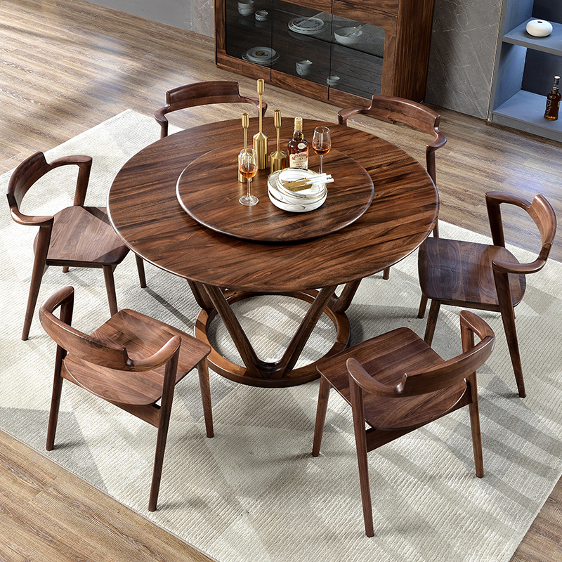Italian solid wood round table Nordic simple black walnut 1 35 meters with turntable dining table chairs combination dining room furniture