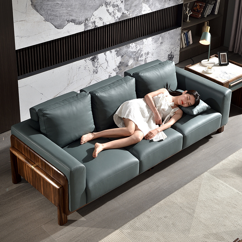 Black walnut solid wood sofa Italian minimalist leather sofa combination large and small living room three-person four-person sofa