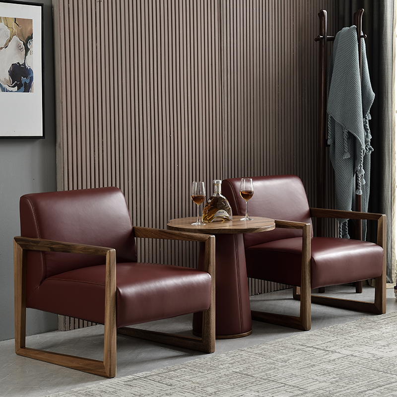 Black walnut leather leisure chair Nordic modern living room home solid wood sofa chair balcony lounge chair Italian light luxury