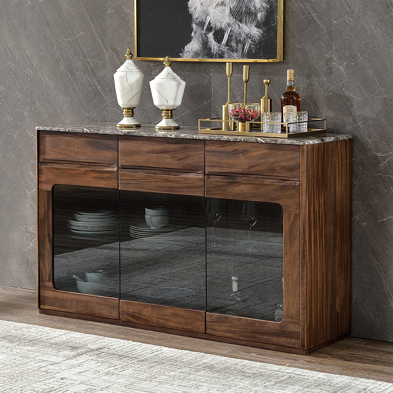Black Walnut Wood Solid Wood Marble Countertop Table Dining Room Tea Water Cabinet Bowls Tray Cabinet Multi-Pumping Containing Cabinet Wine Cabinet