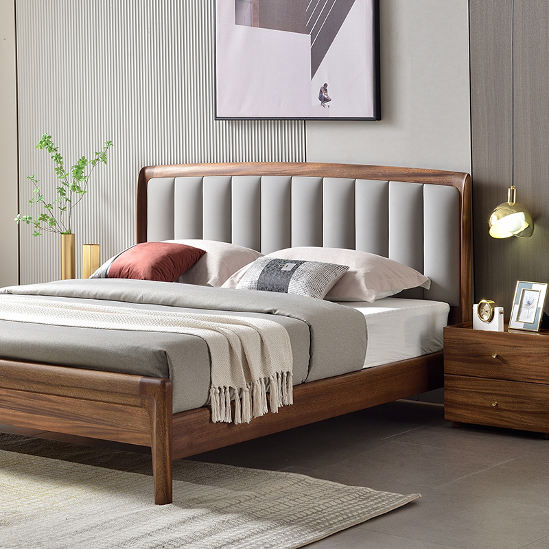 Black walnut solid wood bed 18m leather soft double bed modern minimalist Italian master bedroom all solid wood wedding bed