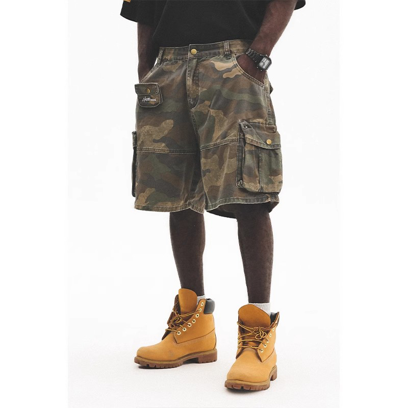 Summer Multi-Pocket Camouflage Cargo Shorts for Men, American Retro Washed Vintage Loose Wide-Leg Casual Knee-Length Shorts Trendy