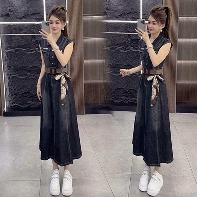 Hot-Selling 2026 New Stylish Summer Waist-Cinching Sleeveless Silk Scarf Shirt Retro Commuter Denim Long Dress Ins Hot-Selling 2026 New Stylish Summer Waist-Cinching Sleeveless Silk Scarf Shirt Retro Commuter Denim Long Dress Ins