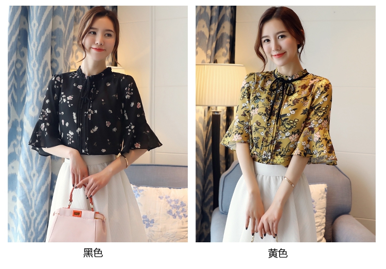 Áo voan nữ tay ngắn 2018 theo phiên bản Hàn Quốc mới của áo sơ mi ren nhỏ đứng cổ áo sơ mi rộng tay áo kèn sơ mi trắng tay phồng
