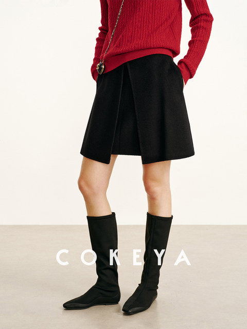 Pictorial Girl~Xinjiang fine wool high-waisted front slit thickened double-sided woolen skirt for women spring