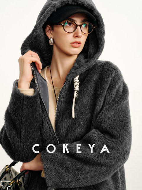 Cokeya/Bagel Coat~ Barn Style Alpaca Wool Hooded Loose Long Sleeve Woolen Coat for Women Spring