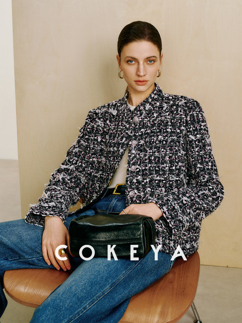 Cokeya/Urban Night Cherry~Italian Imported Japanese Paper Yarn Tweed Stand Collar Chanel-Style Jacket for Women Spring