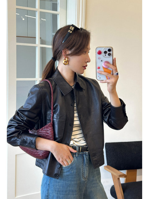 Cokeya/Modern Era~ Thin Lambskin Leather Jacket with a Lapel Collar, Long Sleeves, Black Short Leather Coat for Women, Suitable for Spring and Autumn